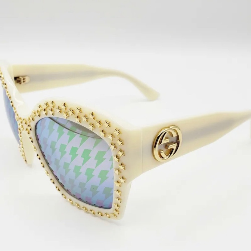 Authentic Gucci Gold Star Stud GG3870S Oversized Ivory Lime Mirrored Sunglasses